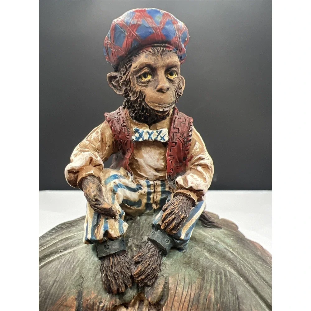 Vintage Lidded Monkey Trinket Box Resin Woven Basket Tureen Jar Jungle Decor